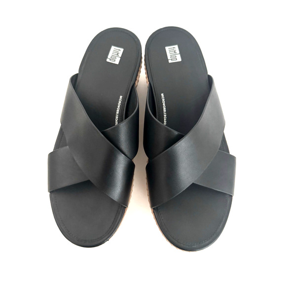 FitFlop Eloise Slide Sandals 11 Criss-Cross Black Leather Cork Wedge Comfort - Picture 12 of 12